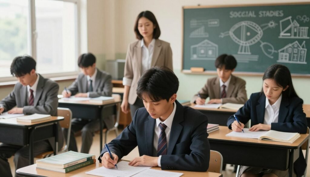 A focused study environment depicting a high school classroom setting, where students in professional business attire are actively engaged in taking a social studies exam. In the foreground, a diverse group of students, including both boys and girls, are seated at desks filled with exam papers, pens, and textbooks. In the middle ground, a teacher is walking around, observing the students with a supportive expression. The background features a chalkboard filled with educational diagrams related to social studies. Soft, natural lighting filters through large windows, creating a warm and encouraging atmosphere. The camera angle captures the scene from slightly above, emphasizing the collaboration and concentration of the students while maintaining a scholarly, serious mood.